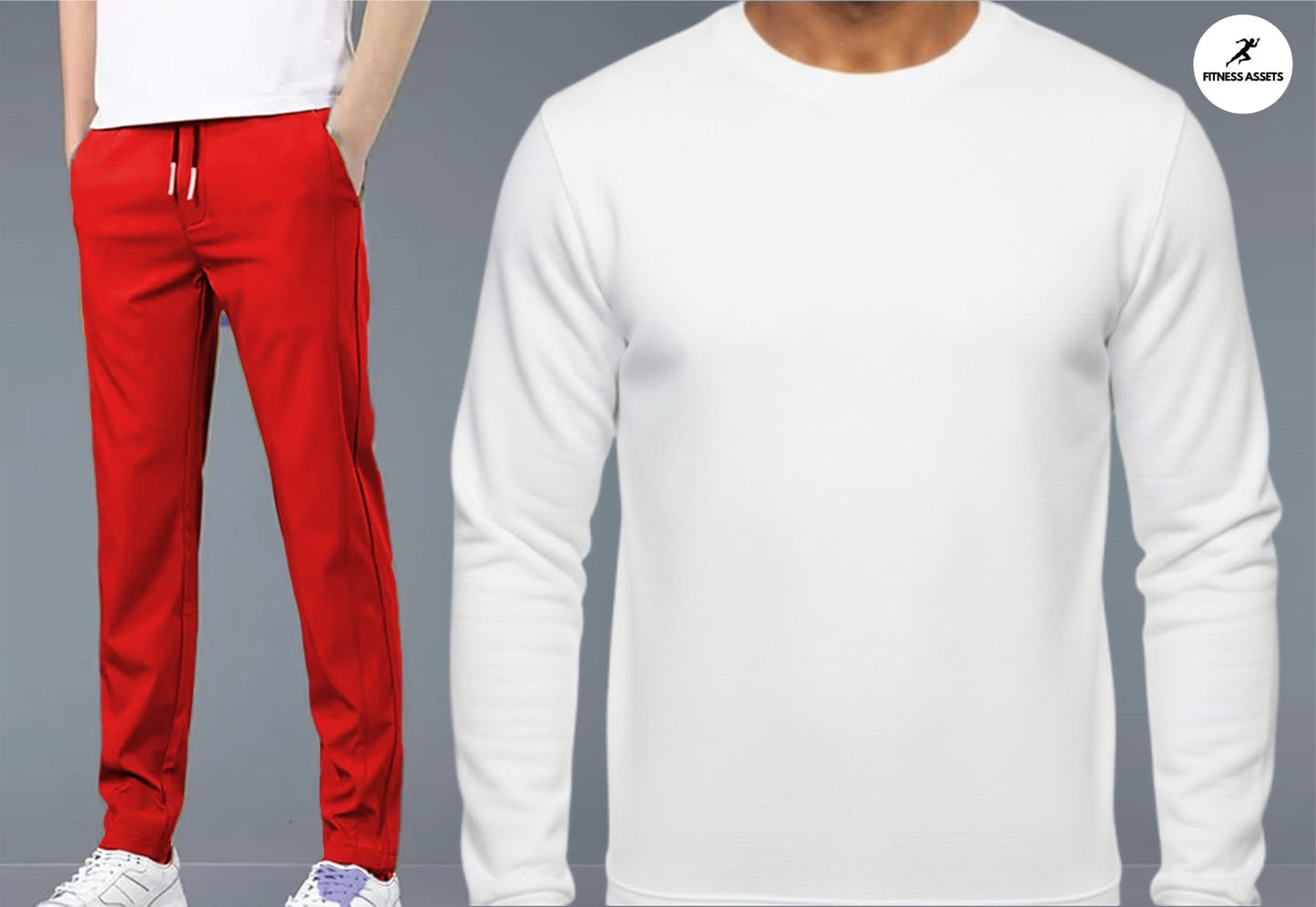 4 WAY STRETCHABLE LYCRA RED TRACKPANTS AND FLEECE WHITE SWEATSHIRTS COMBO
