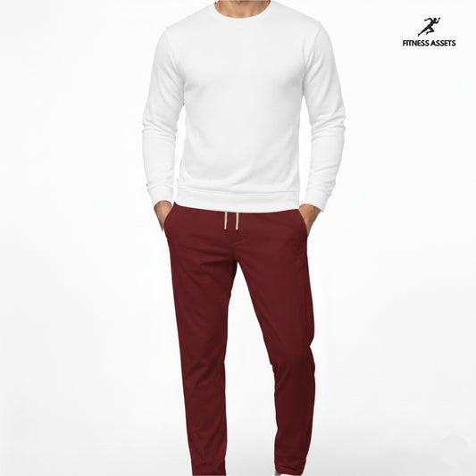 4 WAY STRETCHABLE LYCRA DARK MAROON TRACKPANTS AND FLEECE WHITE SWEATSHIRTS COMBO