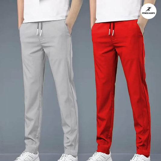 4 WAY STRETCHABLE LYCRA LIGHT GREY AND RED COMBO TRACKPANTS
