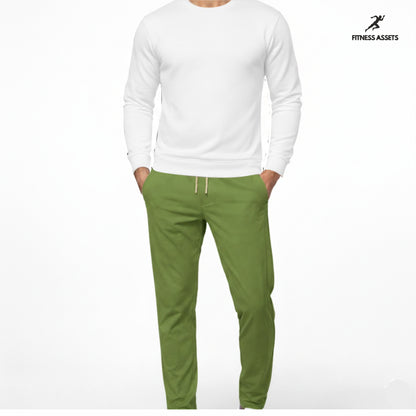 4 WAY STRETCHABLE LYCRA PISTA GREEN TRACKPANTS AND FLEECE WHITE SWEATSHIRTS COMBO