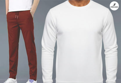 4 WAY STRETCHABLE LYCRA DARK MAROON TRACKPANTS AND FLEECE WHITE SWEATSHIRTS COMBO