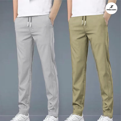4 WAY STRETCHABLE LYCRA LIGHT GREY AND CAMEL COMBO TRACKPANTS