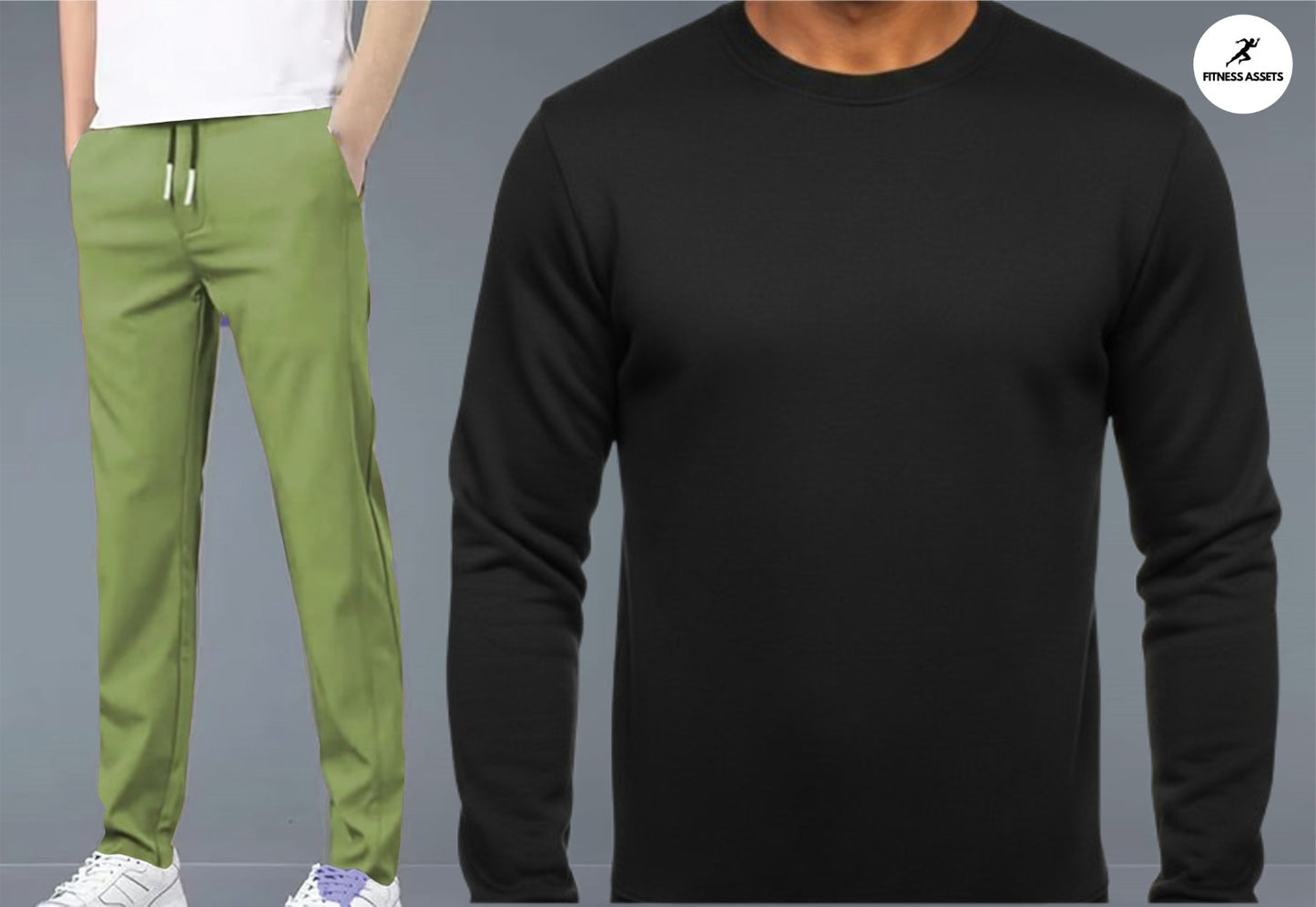 4 WAY STRETCHABLE LYCRA PISTA GREEN TRACKPANTS AND FLEECE BLACK SWEATSHIRTS COMBO