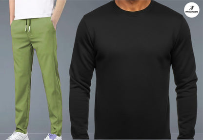 4 WAY STRETCHABLE LYCRA PISTA GREEN TRACKPANTS AND FLEECE BLACK SWEATSHIRTS COMBO
