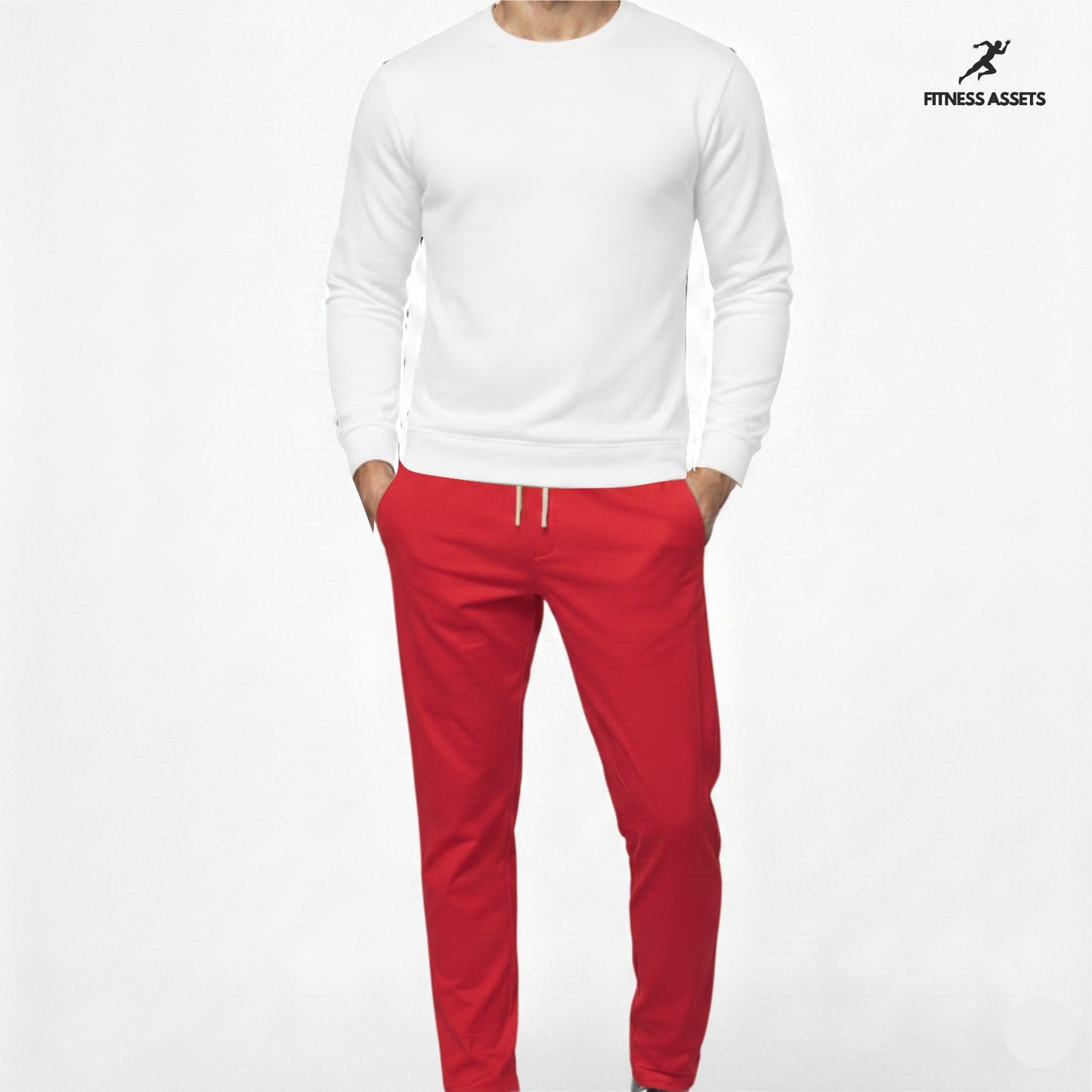 4 WAY STRETCHABLE LYCRA RED TRACKPANTS AND FLEECE WHITE SWEATSHIRTS COMBO
