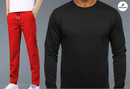 4 WAY STRETCHABLE LYCRA RED TRACKPANTS AND FLEECE BLACK SWEATSHIRTS COMBO