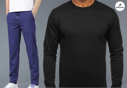 4 WAY STRETCHABLE LYCRA ROYAL BLUE TRACKPANTS AND FLEECE BLACK SWEATSHIRTS COMBO