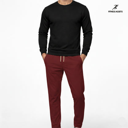 4 WAY STRETCHABLE LYCRA DARK MAROON TRACKPANTS AND FLEECE BLACK SWEATSHIRTS COMBO