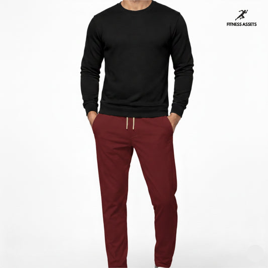 4 WAY STRETCHABLE LYCRA DARK MAROON TRACKPANTS AND FLEECE BLACK SWEATSHIRTS COMBO