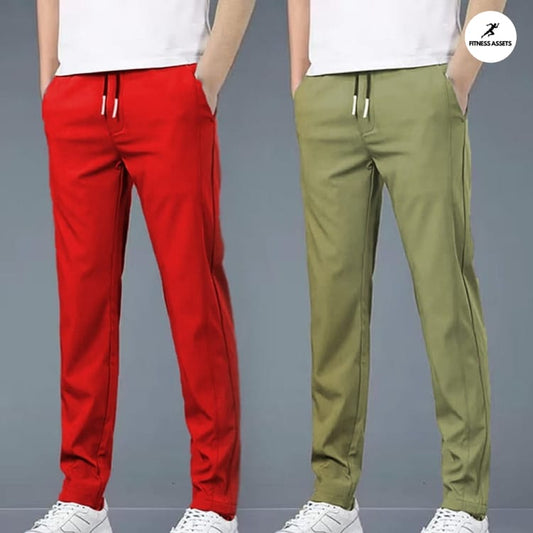 4 WAY STRETCHABLE LYCRA RED AND PISTA GREEN COMBO TRACKPANTS
