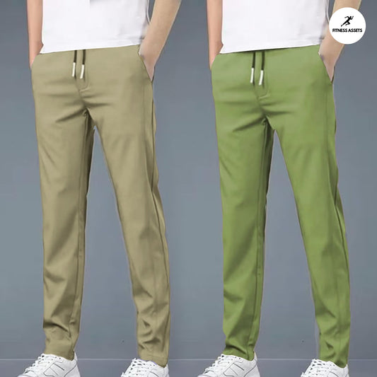 4 WAY STRETCHABLE LYCRA CAMEL AND PISTA GREEN COMBO TRACKPANTS