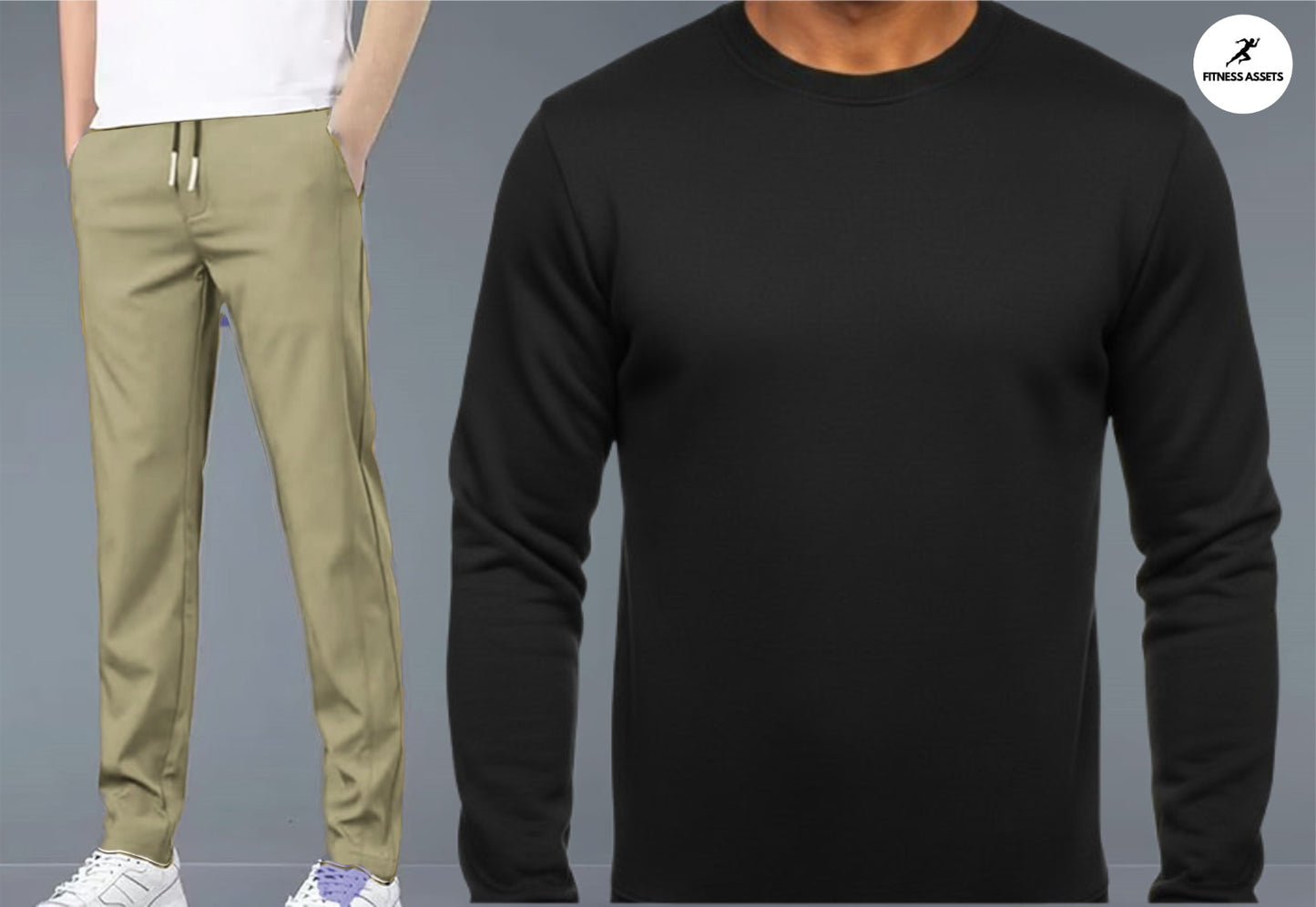 4 WAY STRETCHABLE LYCRA CAMEL TRACKPANTS AND FLEECE BLACK SWEATSHIRTS COMBO