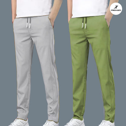 4 WAY STRETCHABLE LYCRA LIGHT GREY AND PISTA GREEN COMBO TRACKPANTS