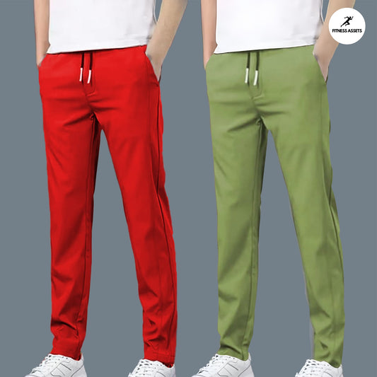 4 WAY STRETCHABLE LYCRA RED AND PISTA GREEN COMBO TRACKPANTS