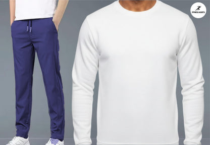 4 WAY STRETCHABLE LYCRA ROYAL BLUE TRACKPANTS AND FLEECE WHITE SWEATSHIRTS COMBO
