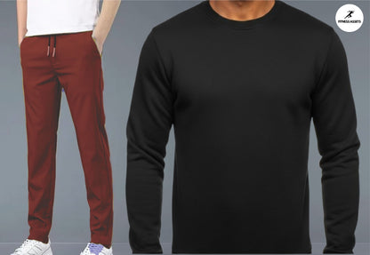 4 WAY STRETCHABLE LYCRA DARK MAROON TRACKPANTS AND FLEECE BLACK SWEATSHIRTS COMBO