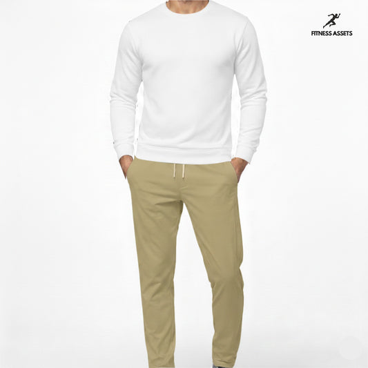 4 WAY STRETCHABLE LYCRA CAMEL TRACKPANTS AND FLEECE WHITE SWEATSHIRTS COMBO