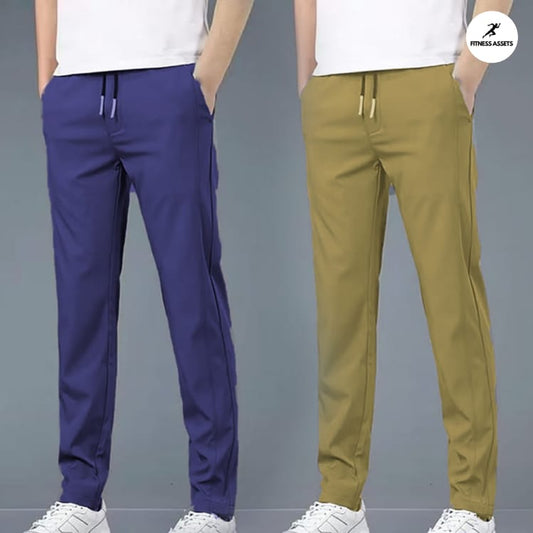 4 WAY STRETCHABLE LYCRA ROYAL BLUE AND CAMEL COMBO TRACKPANTS