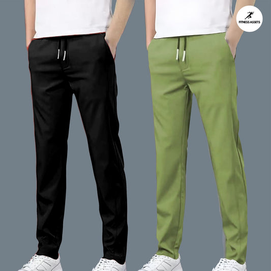 4 WAY STRETCHABLE LYCRA BLACK AND PISTA GREEN COMBO TRACKPANTS