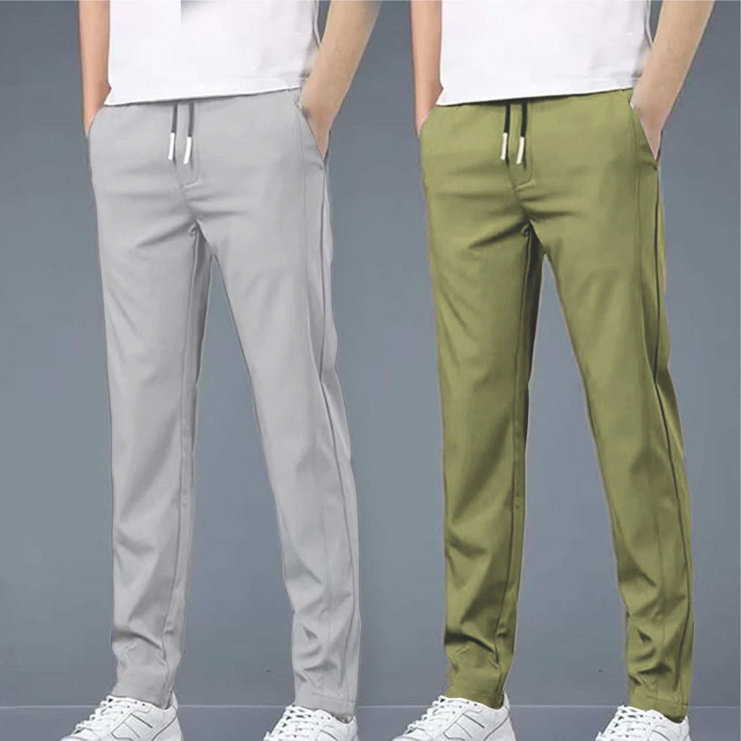 4 WAY STRETCHABLE LYCRA LIGHT GREY AND PISTA GREEN COMBO TRACKPANTS