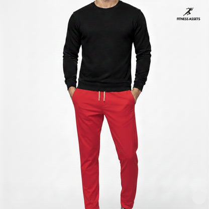 4 WAY STRETCHABLE LYCRA RED TRACKPANTS AND FLEECE BLACK SWEATSHIRTS COMBO