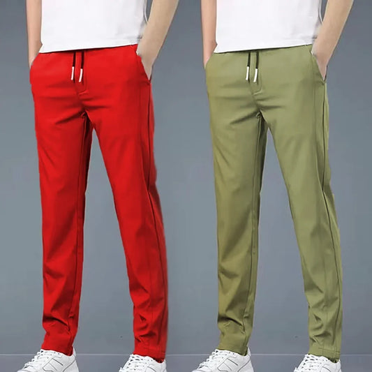4 WAY STRETCHABLE LYCRA RED AND PISTA GREEN COMBO TRACKPANTS - Fitness Assets