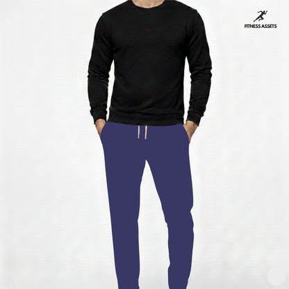 4 WAY STRETCHABLE LYCRA ROYAL BLUE TRACKPANTS AND FLEECE BLACK SWEATSHIRTS COMBO