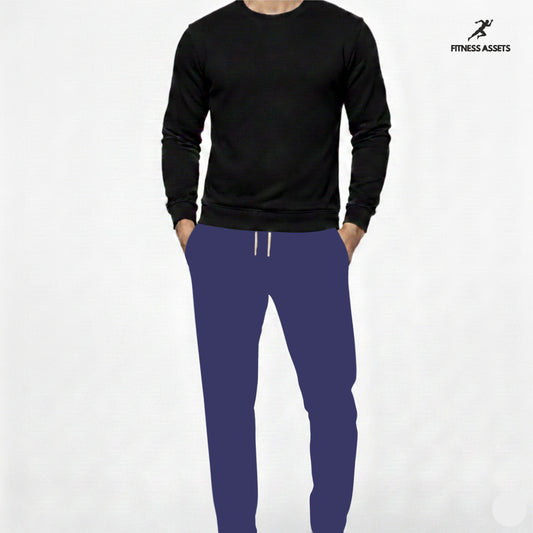 4 WAY STRETCHABLE LYCRA ROYAL BLUE TRACKPANTS AND FLEECE BLACK SWEATSHIRTS COMBO