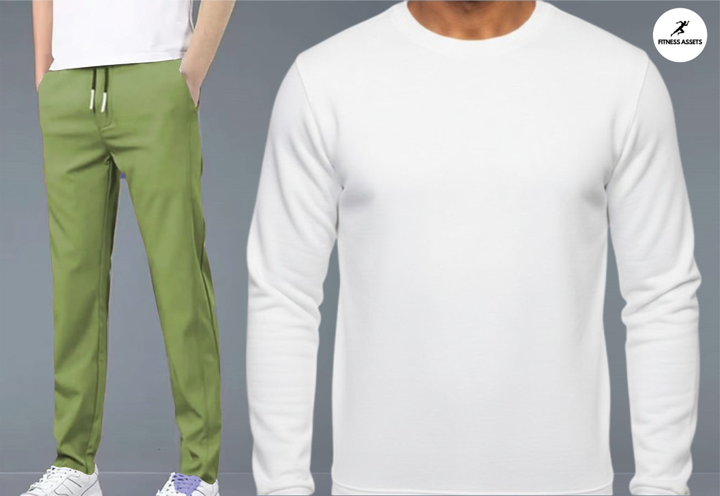 4 WAY STRETCHABLE LYCRA PISTA GREEN TRACKPANTS AND FLEECE WHITE SWEATSHIRTS COMBO