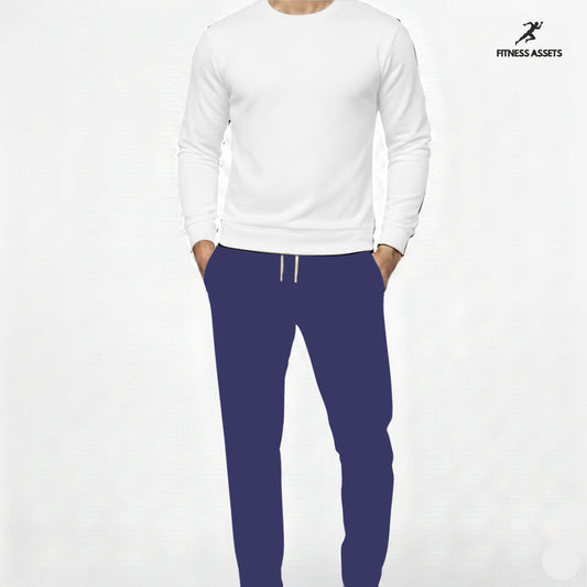 4 WAY STRETCHABLE LYCRA ROYAL BLUE TRACKPANTS AND FLEECE WHITE SWEATSHIRTS COMBO
