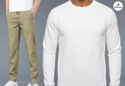 4 WAY STRETCHABLE LYCRA CAMEL TRACKPANTS AND FLEECE WHITE SWEATSHIRTS COMBO