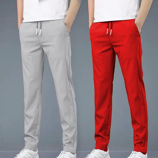 4 WAY STRETCHABLE LYCRA LIGHT GREY AND RED COMBO TRACKPANTS