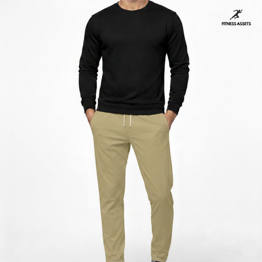 4 WAY STRETCHABLE LYCRA CAMEL TRACKPANTS AND FLEECE BLACK SWEATSHIRTS COMBO